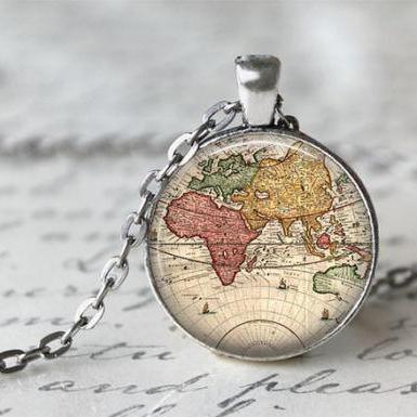 World Map Necklace, Antique Map Nec..