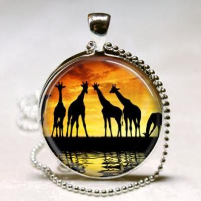 Giraffe Necklace Serengeti Sunset Safari Animal Nature Art Pendant with Ball