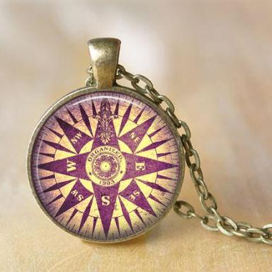 Vintage Compass Pendant Necklace Art Jewelry Print Photo Pendant